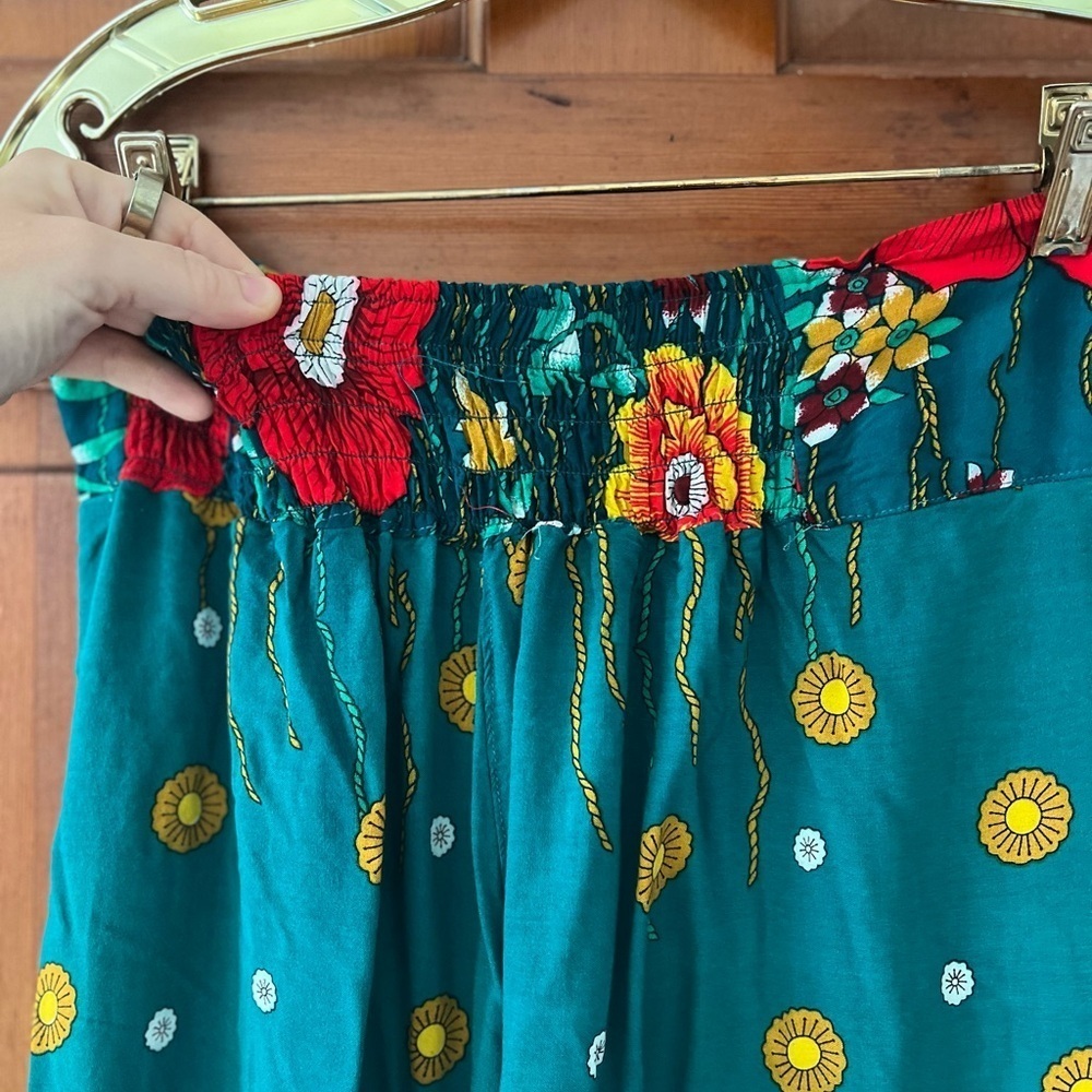 Boho Floral Wide Leg Pants Green | Elastic Waist Palazzo Beach Festival Size M - Picture 7 of 10